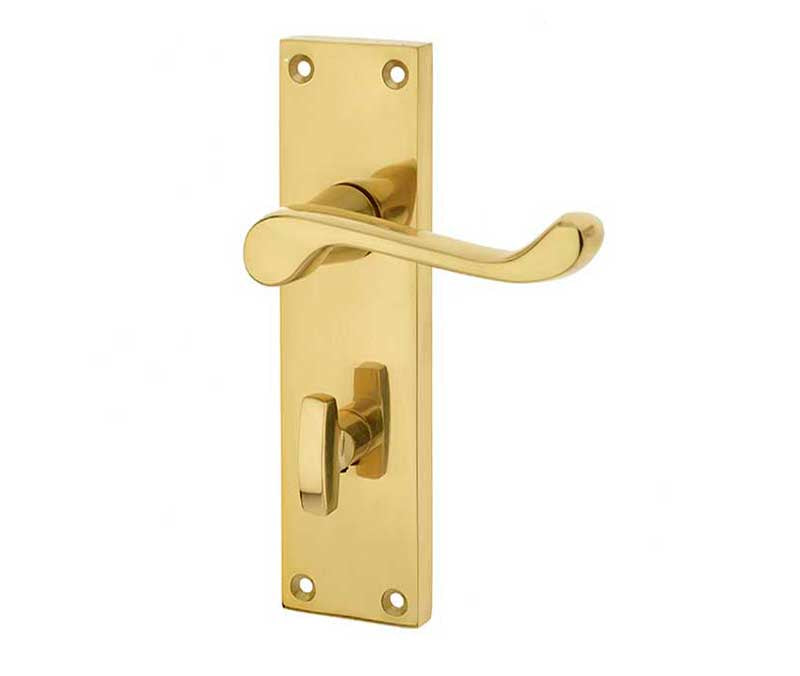 Victorian Scroll Door Handle on Bathroom Plate Polished Brass