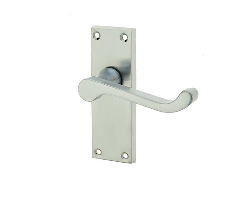 Victorian Scroll Door Handle on Short Latchset Plate Satin Chrome