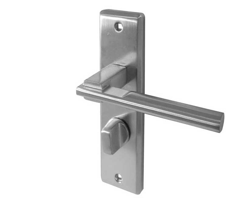 Delta Suite Door Handles on Bathrooom Plate Satin Chrome