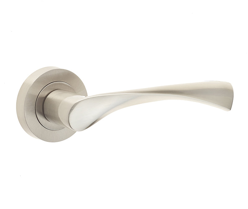 Comet Door Handle on Rose Satin Nickel