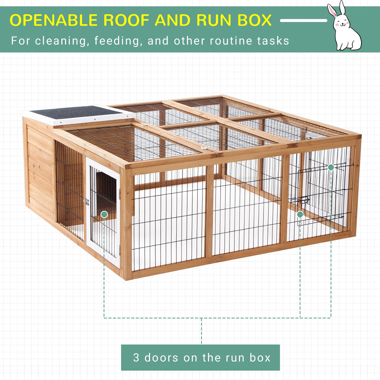 PawHut Rabbit Hutch Outdoor, Guinea Pig House, Bunny Run Cage with Openable Top for 12 Rabbits, 123 x 120 x 52cm, Yellow