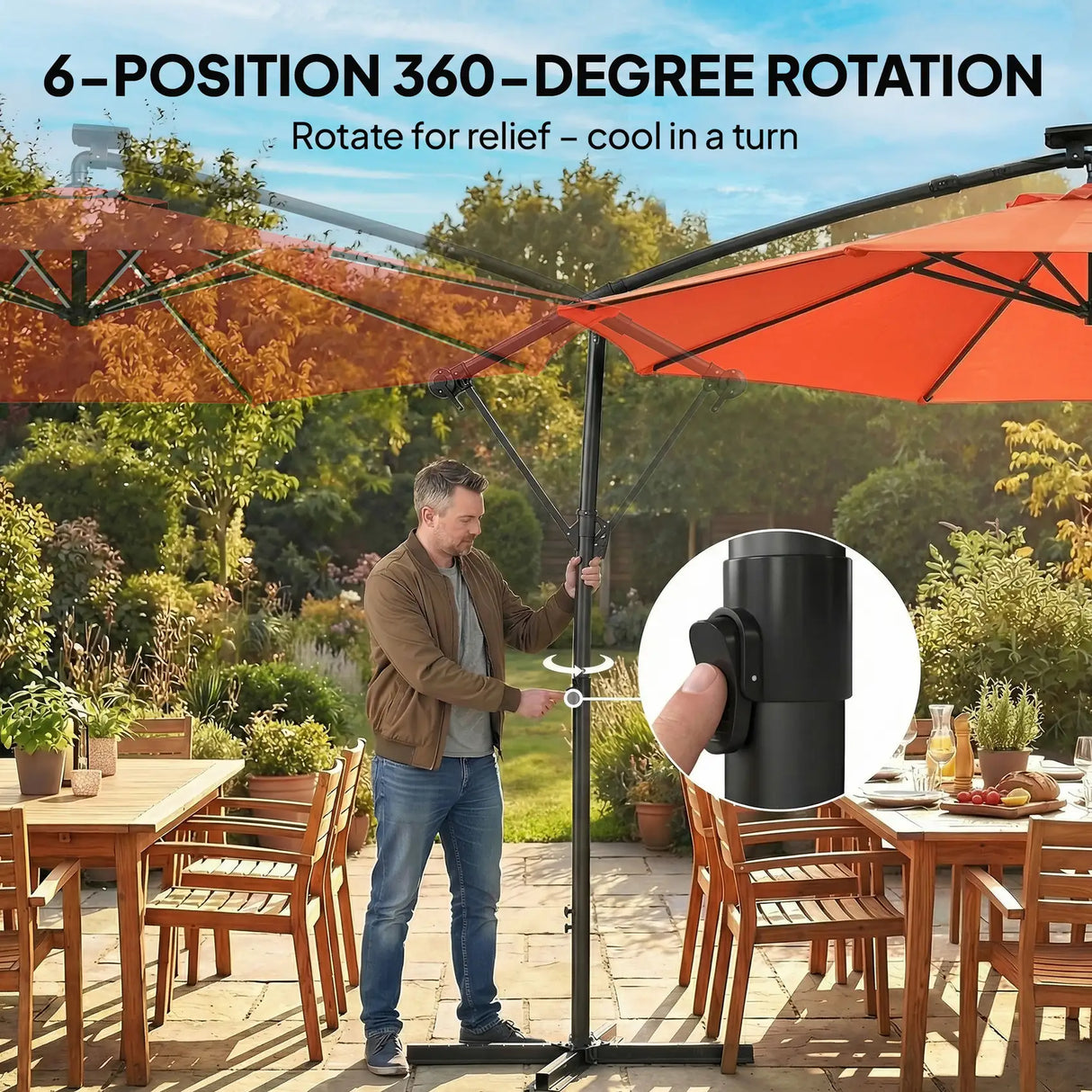 Outsunny 3 m Garden Cantilever Parasol with LED Solar Light, Round Overhanging Umbrella with 360 Rotation, Cover, Orange