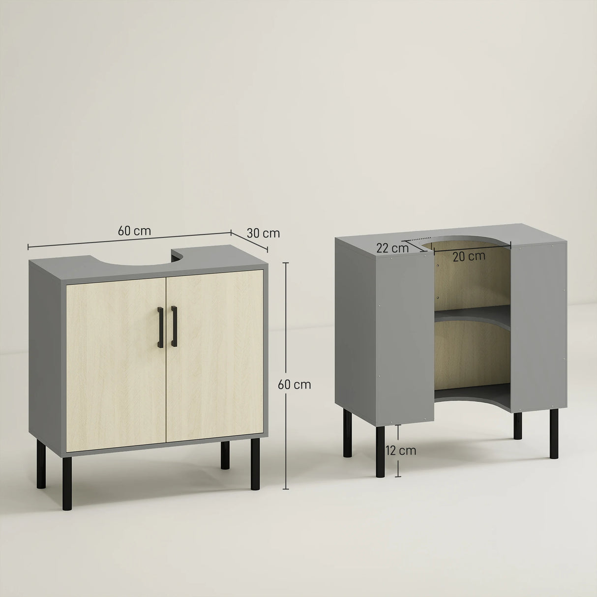 kleankin Under Sink Cabinet, Bathroom Vanity Unit, Storage Cupboard with Double Doors and Storage Shelves, 60x30x60cm, Natural