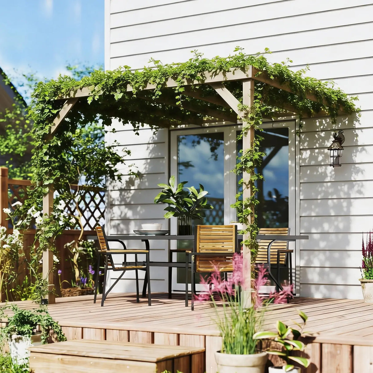 Outsunny Lean-To Wooden Pergola Kit, Decorative Garden Gazebo with Stable Structure and Concrete Anchors, 2.4 x 2.4m, Light Brown