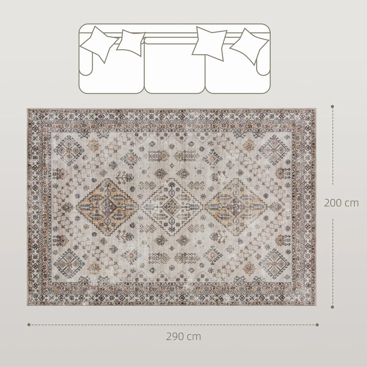 HOMCOM Vintage Area Rug, Non-Slip Washable Rug, Flannel Floor Carpet for Living Room, Bedroom, Dining Room, Home Office, 290 x 200 cm, Beige