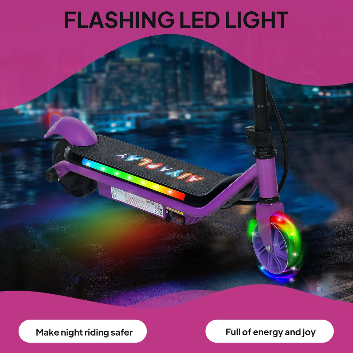 AIYAPLAY Electric Scooter for Kids Aged 6-14 Years, with Colourful Lights, Purple