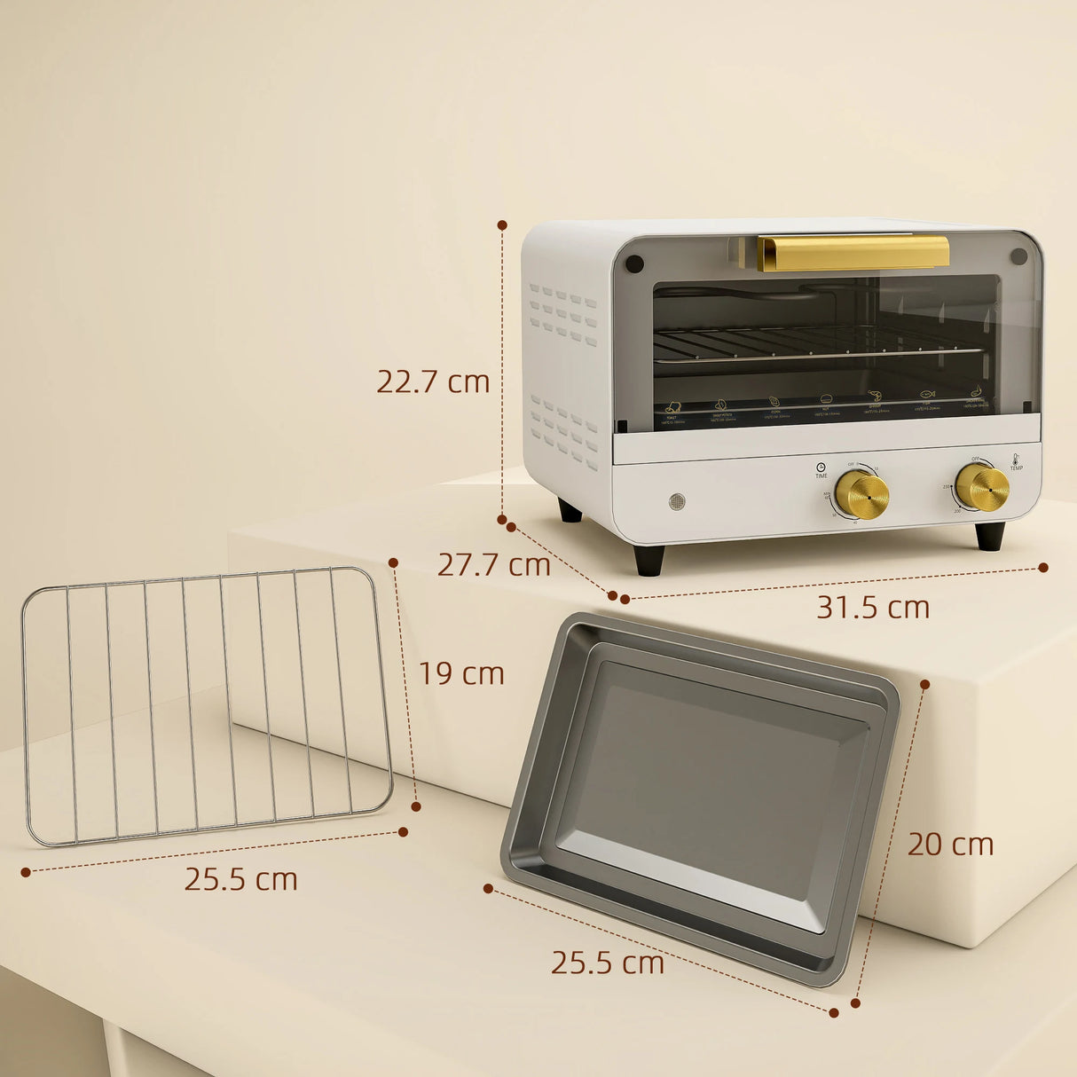 HOMCOM Small Toaster Oven, 12L Multifunction Mini Countertop Oven with Glass Door, Adjustable Temperature and Timer, Accessory Included, 750W, White