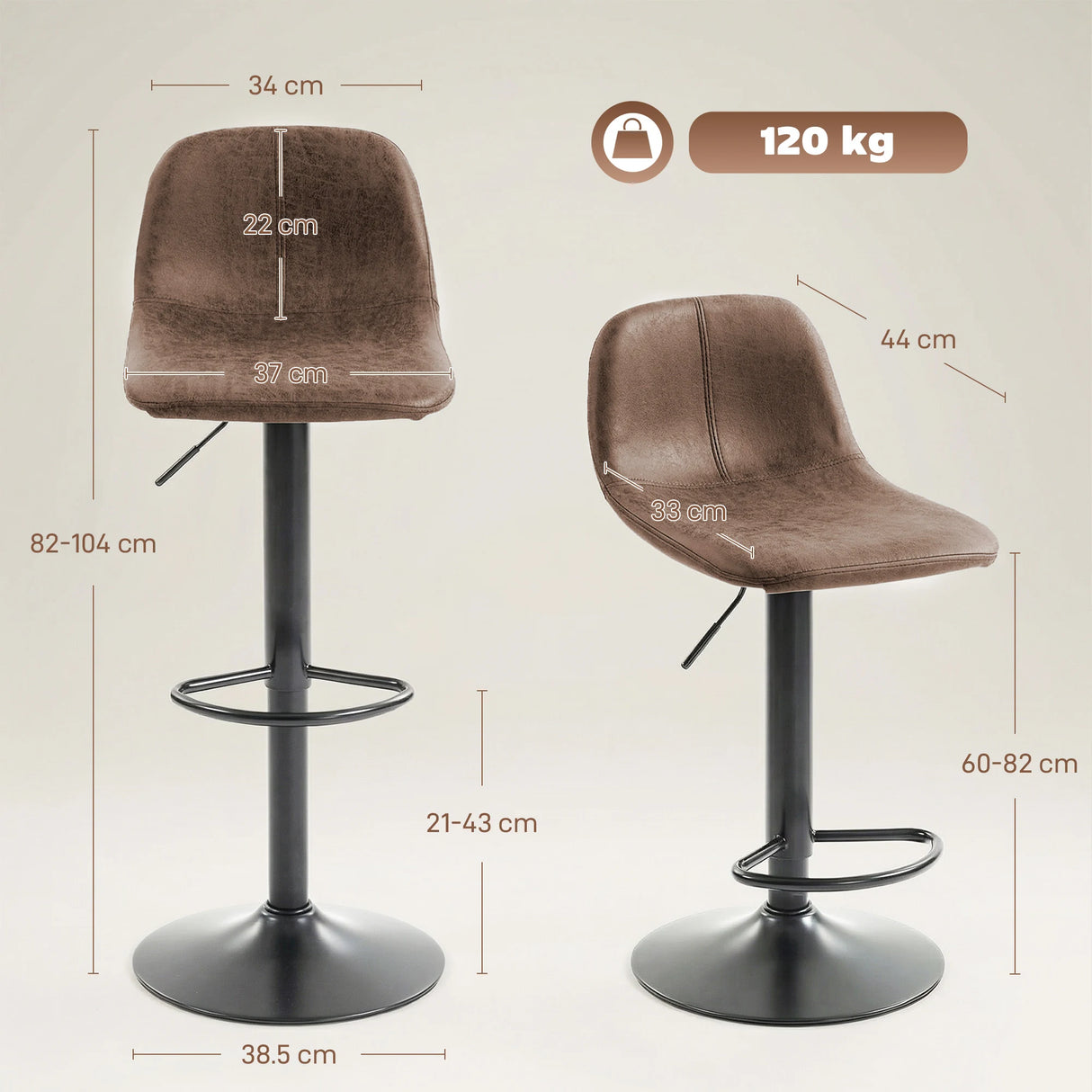 HOMCOM Bar Stools Set of 2, Modern Swivel Barstools with Footrest for Kitchen Island and Dining Room, Brown