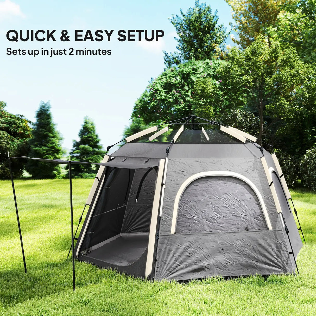 Outsunny Instant Pop Up Camping Tent, 2/3/4 Person Easy Setup Dome Family Tent with Vestibule, Rainfly, 4 Mesh Windows & 2 Doors, Hexagonal Design, Waterproof & UV Protected, Dark Grey