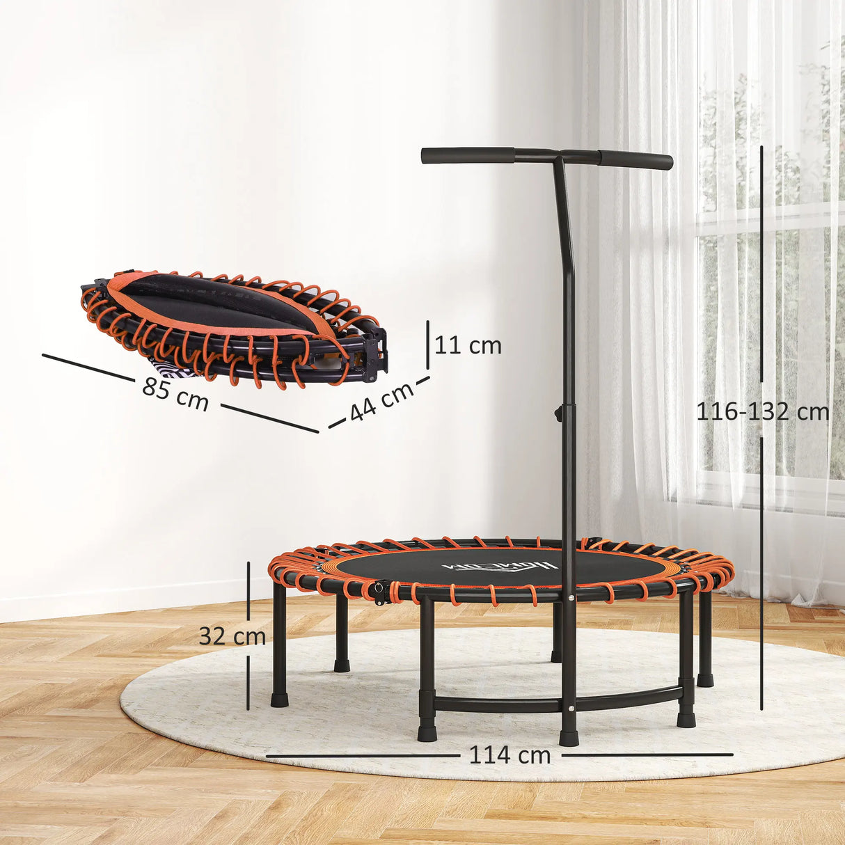 HOMCOM Mini Round Steel Frame Trampoline w/ Adjustable Handle, Orange