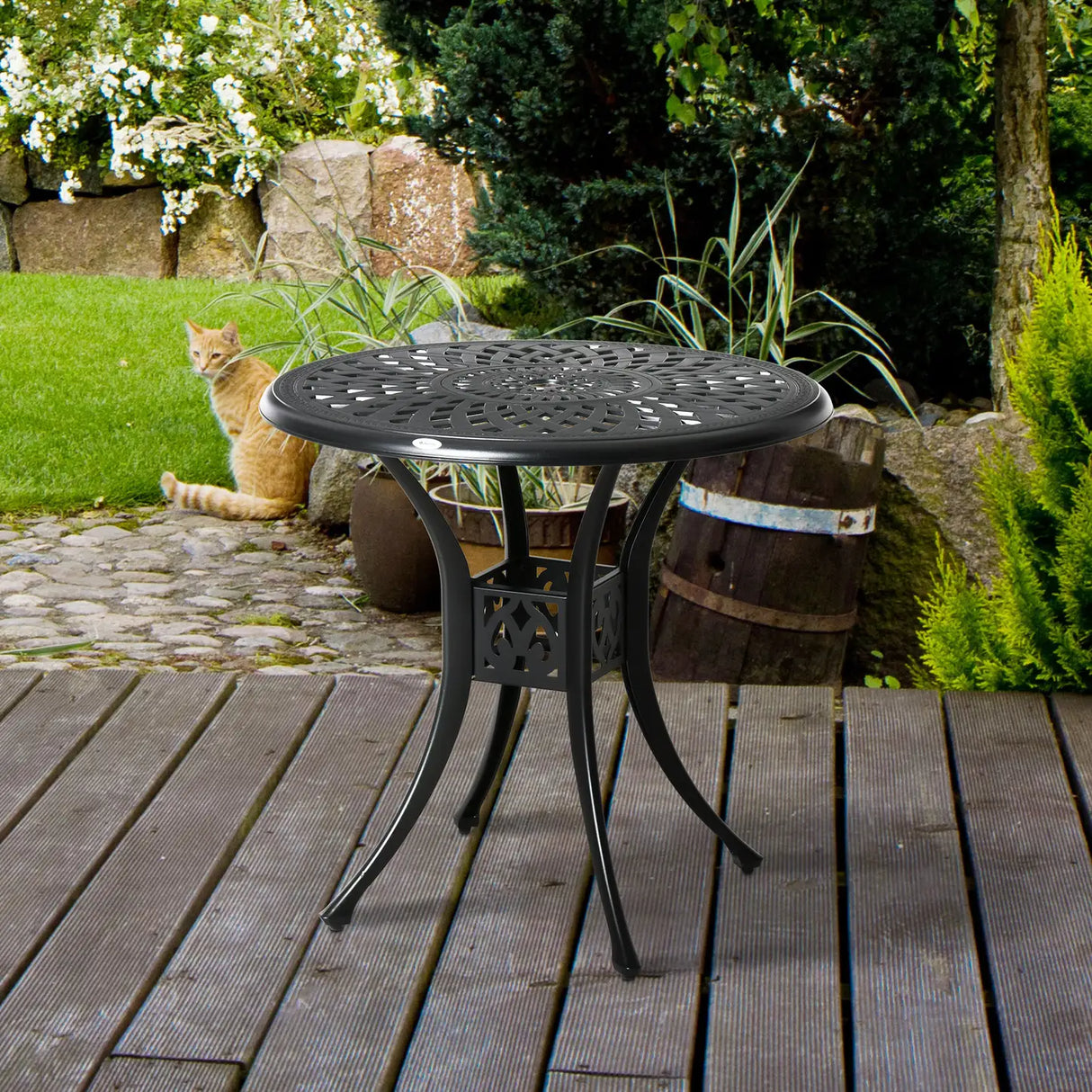 Outsunny 78 cm Round Garden Dining Table with Parasol Hole Antique Cast Aluminium Outdoor Table Only, Black