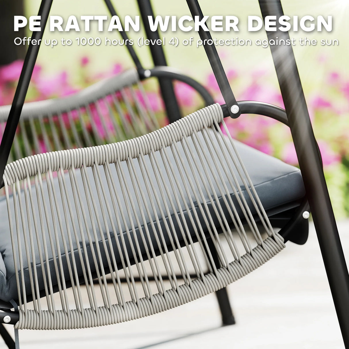 Outsunny Rattan Swing Chair, Outdoor Garden Hanging Swing Seat with Stand and Seat Cushion, Porch Hanging Chair for Balcony, Garden, Deck, Light Grey