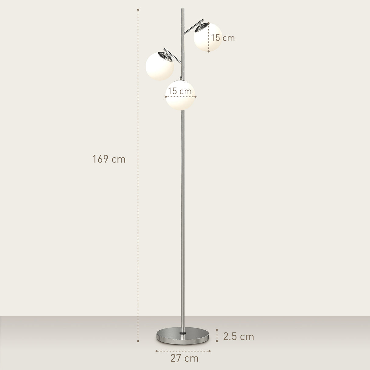 HOMCOM 3-Light Tree Floor Lamps for Living Room, Modern Standing Lamp for Bedroom with Globe Lampshade, 3000K/4000K/6000K Colour Temperatures, Steel Base, Silver Tone