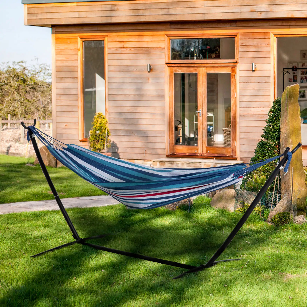 Outsunny 298 x 117cm Hammock with Stand Camping Hammock with Portable Carrying Bag, Adjustable Height, 120kg Load Capacity, Blue and White Stripe
