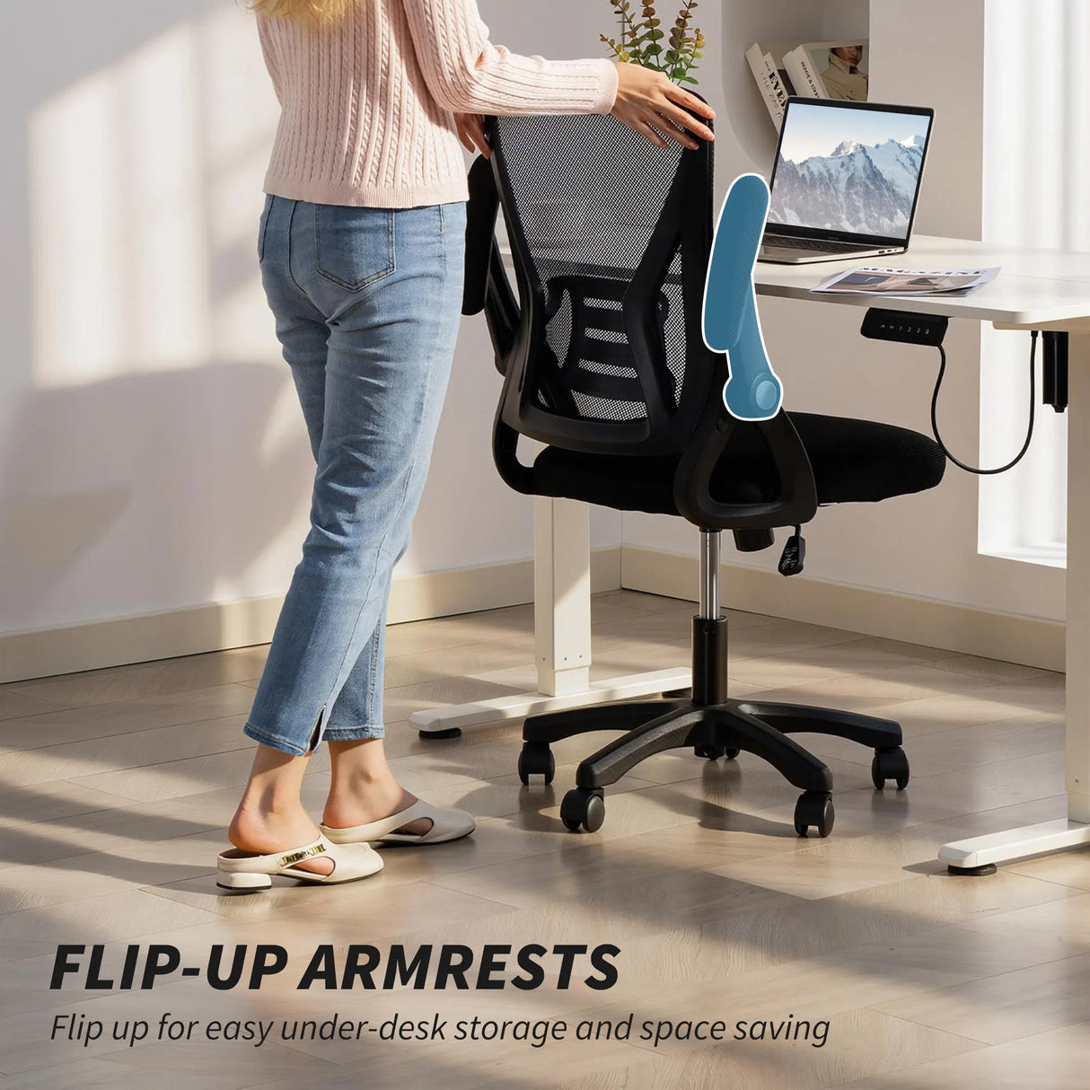 HOMCOM Office Chair, Mesh Desk Chair with Flip-up Armrests, Lumbar Support, Adjustable Height, Black