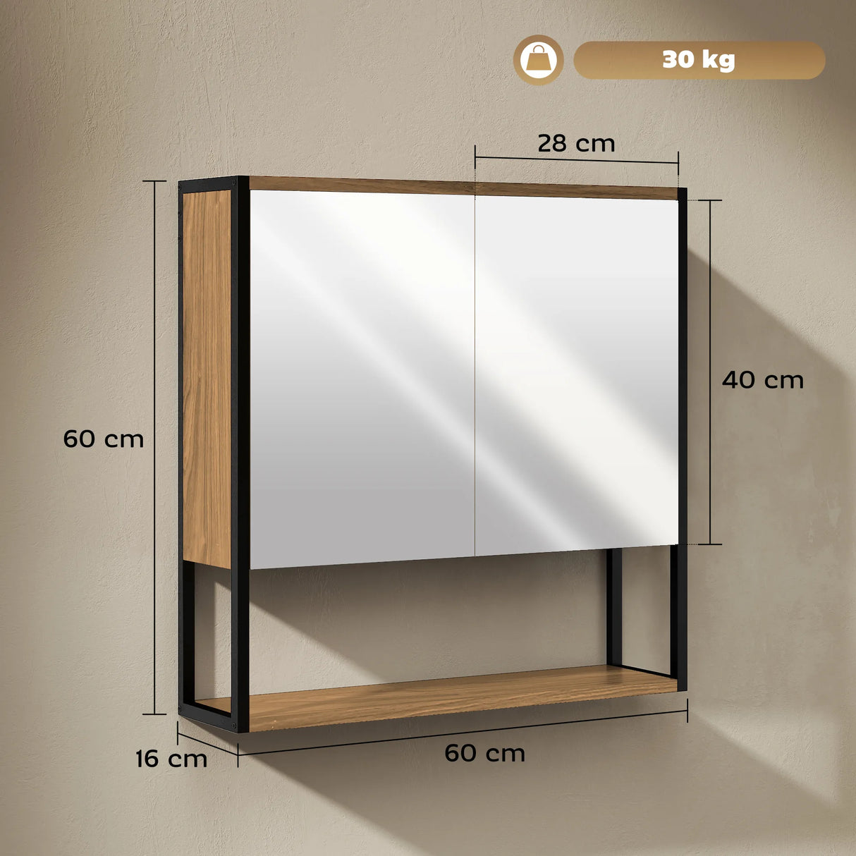 HOMCOM Bathroom Mirror Cabinet with Soft-Close Doors and Adjustable Shelf - Natural Wood Finish