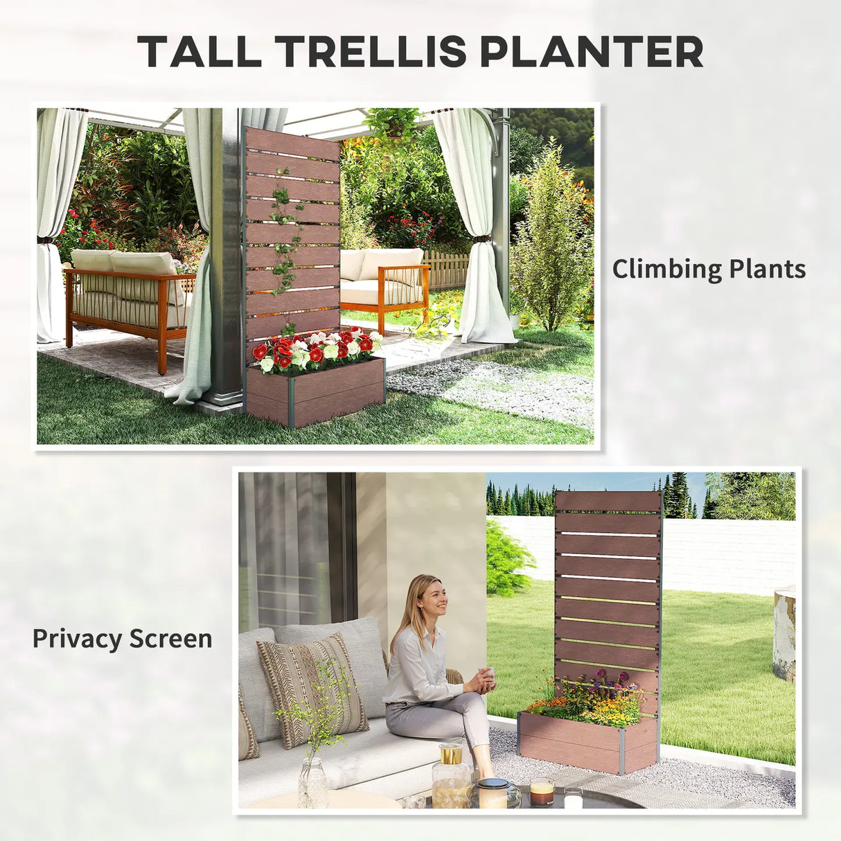 Outsunny 34 x 69.5cm Garden Planter Box, with Back Trellis, Brown