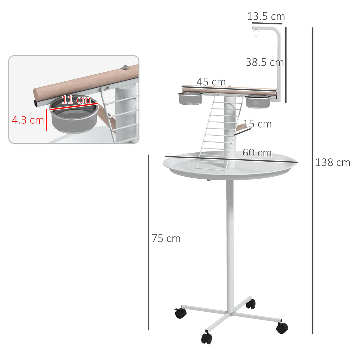 PawHut Bird Stand with Four Wheels, Perches, Stainless Steel Feed Bowls, Round Tray, for Garden, Indoor, Outdoor - White