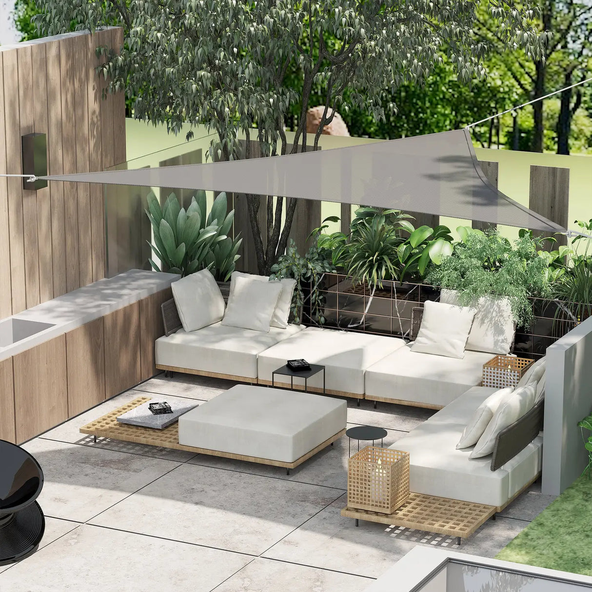 Outsunny 4x4x4m Triangle Sun Shade Sail, Outdoor UV Protection HDPE Canopy, Patio Deck Shelter with Steel Rings and Ropes, Grey