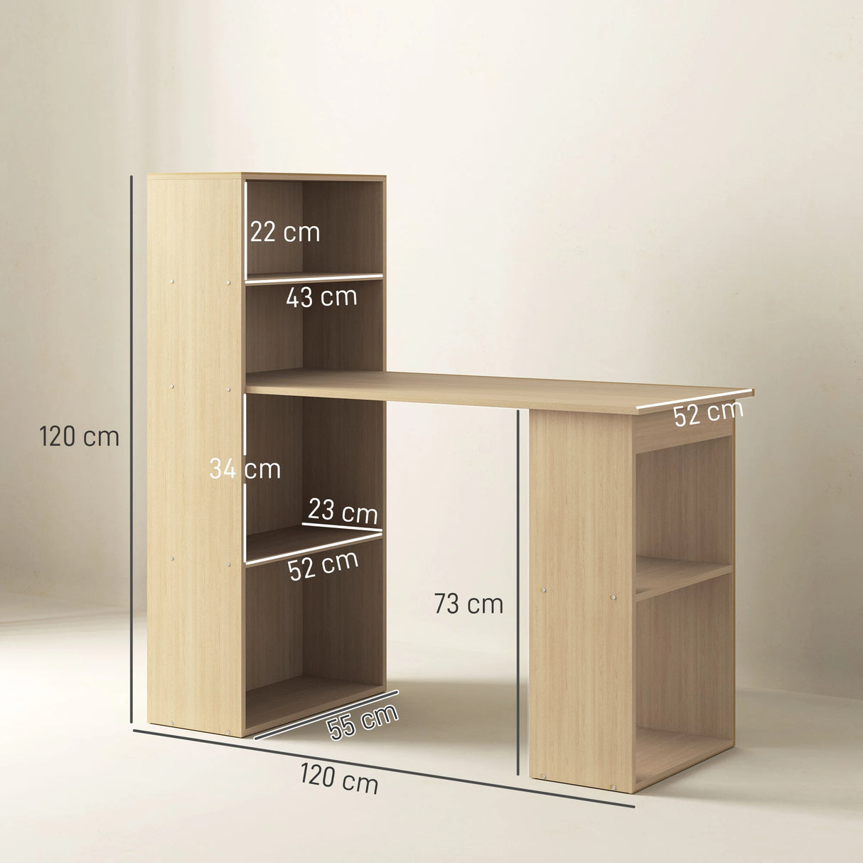 HOMCOM 120cm Computer Desk, Wooden PC Laptop Table with 6-Tier Storage Bookshelves, Home Office Working Study Desk, Writing Workstation, Natural Wood