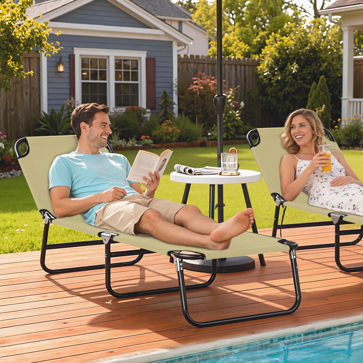 Outsunny Foldable Sun Lounger with 5-Position Adjustable Backrest, Outdoor Portable Recliner Chaise Lounge Chair with Breathable Mesh Fabric, Beige