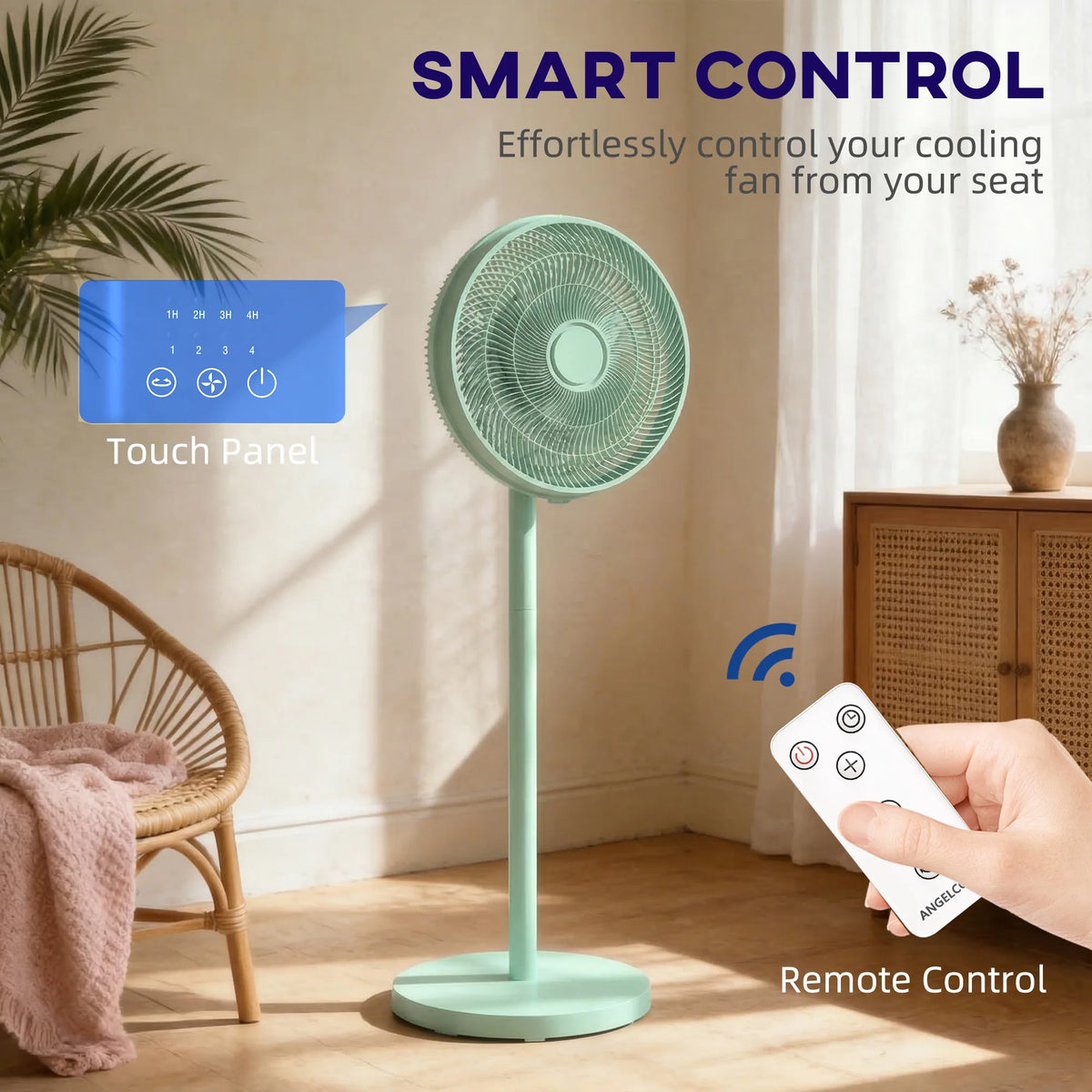 HOMCOM 40 cm Standing Fan, Cooling Floor Fan with 80 Oscillating, Adjustable Tilt and Height, 4 Speed, Remote Control, Green