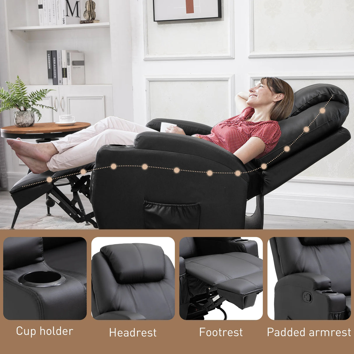 HOMCOM Recliner Chair, Recliner Massage Rocker Chair with 360 Rotate, 165 Reclining Function, Adjustable Footrest, Swivel Armchair Single Sofa for Living Room with Drink Holders, Side Pockets, Black