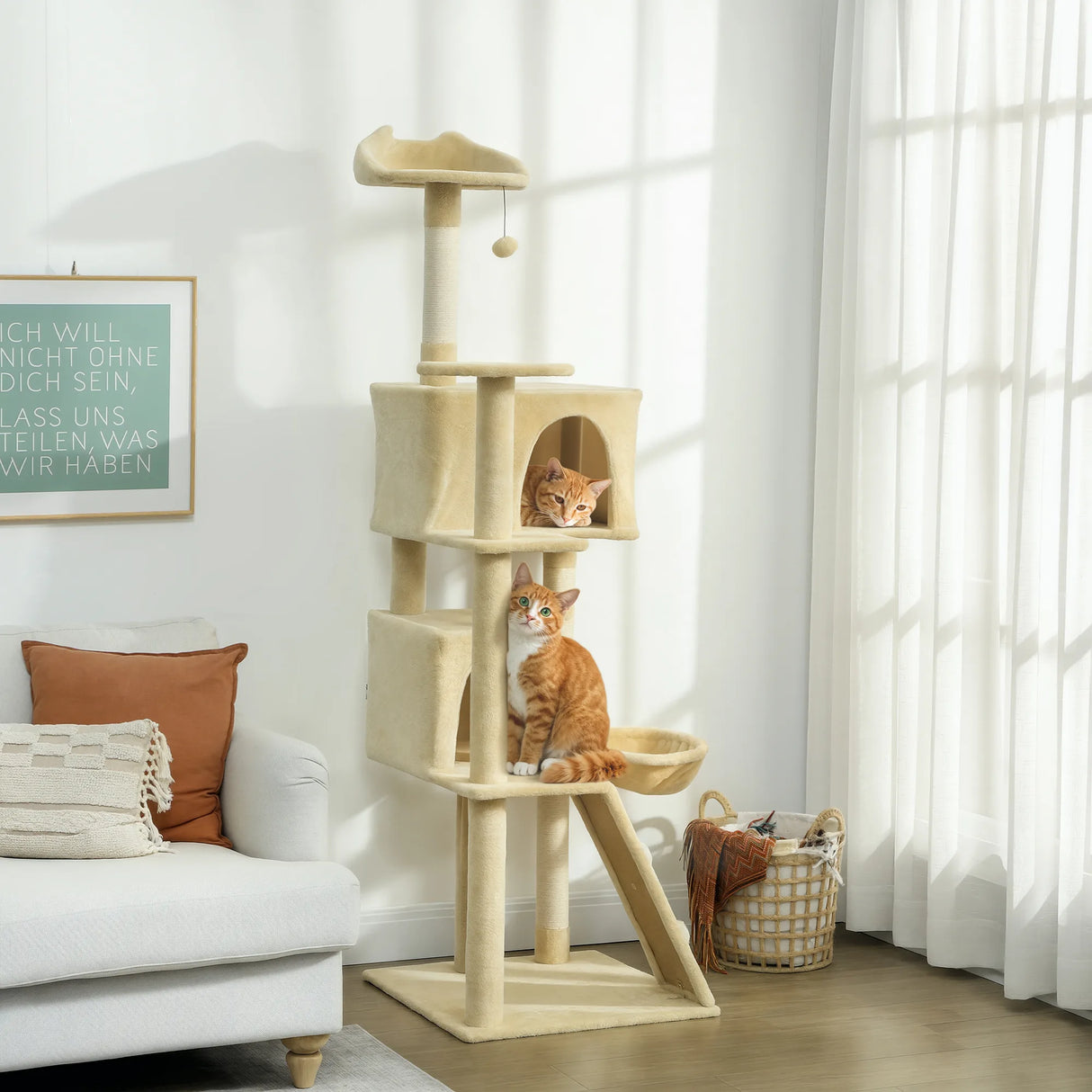 PawHut 180cm Large Cat Tree Tower with Sisal Scratching Posts, Condos, Plush Perches, Hammock, Ladder, Beige