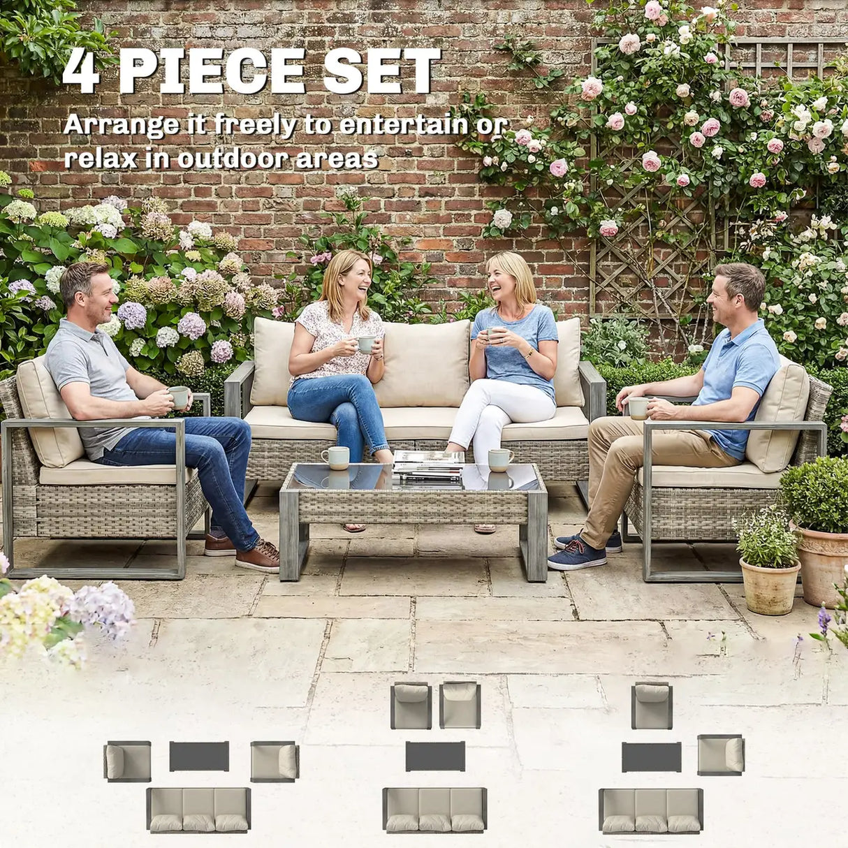 Outsunny 4 Piece Rattan Garden Furniture Set with 3-Seater Sofa, Armchairs, Table, Aluminium Frame Patio Conversation Set, Khaki