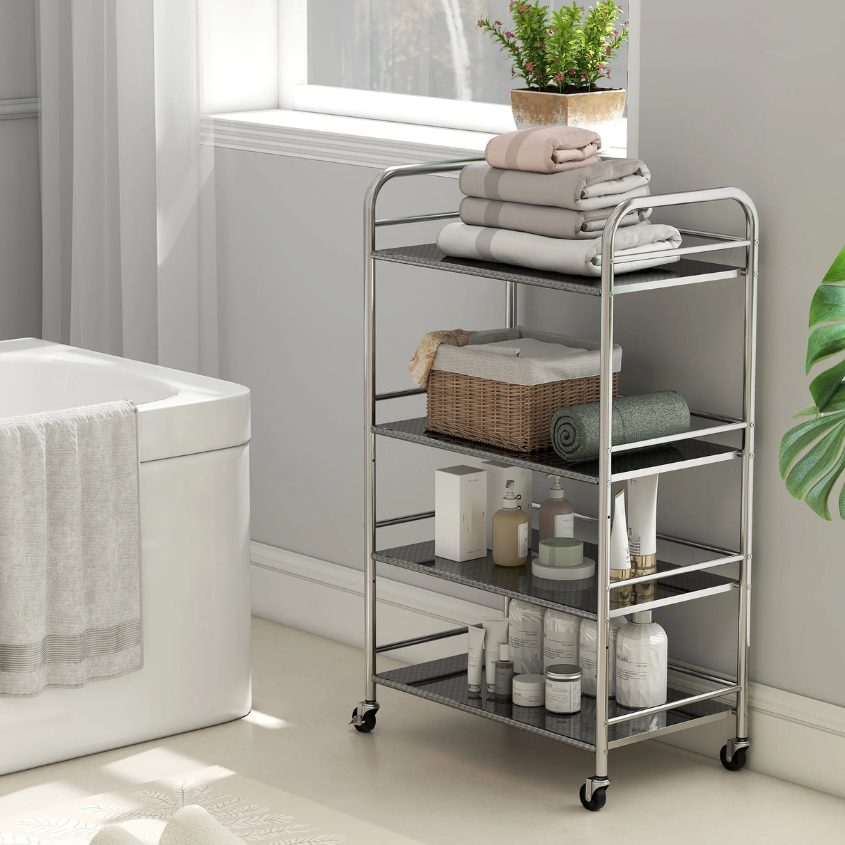 HOMCOM 4 Tier Stainless Steel Kitchen Storage Trolley with Adjustable Shelves - Silver