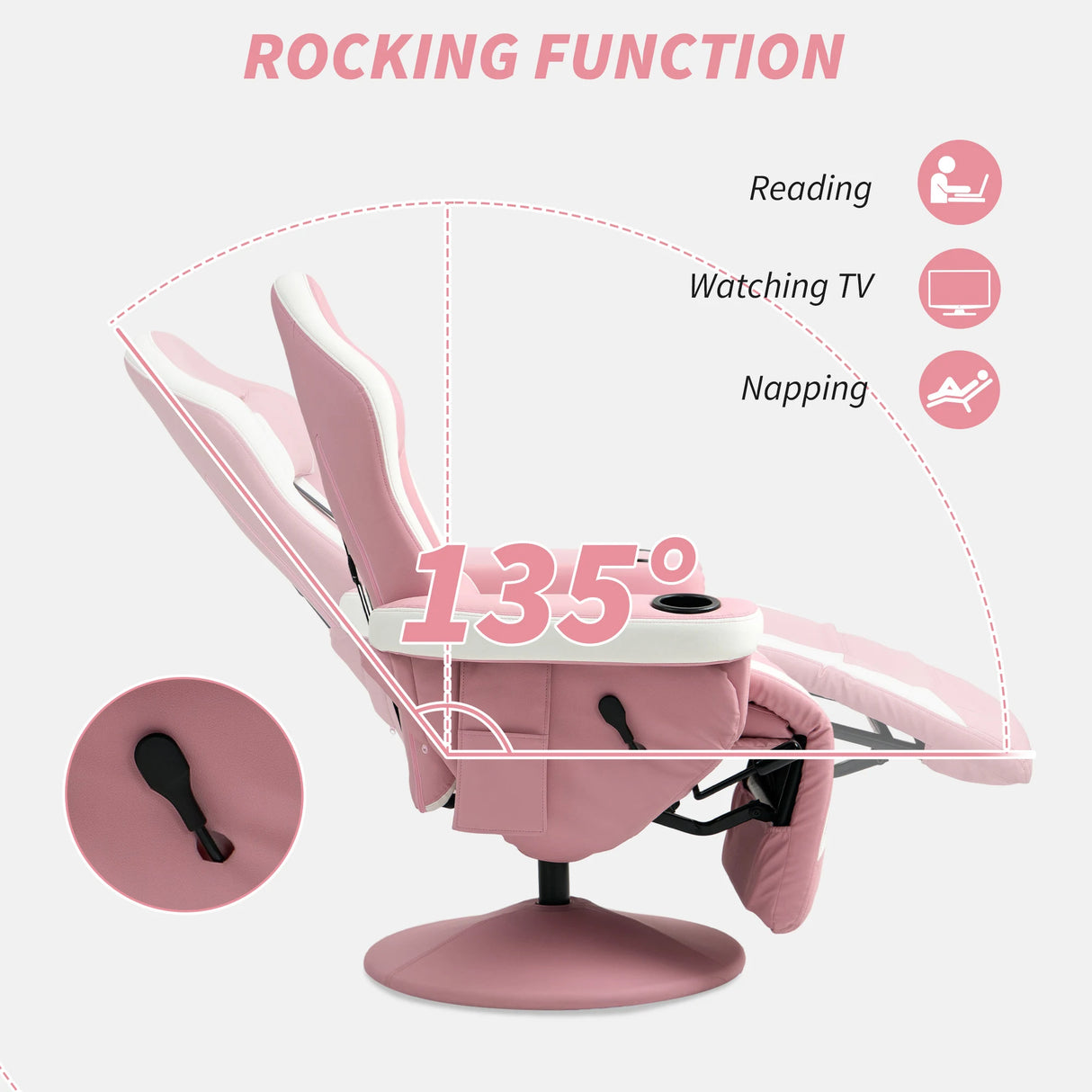 HOMCOM Manual Recliner Armchair PU Leather Lounge Chair w Adjustable Leg Rest, 135 Reclining Function, 360 Swivel, Pink