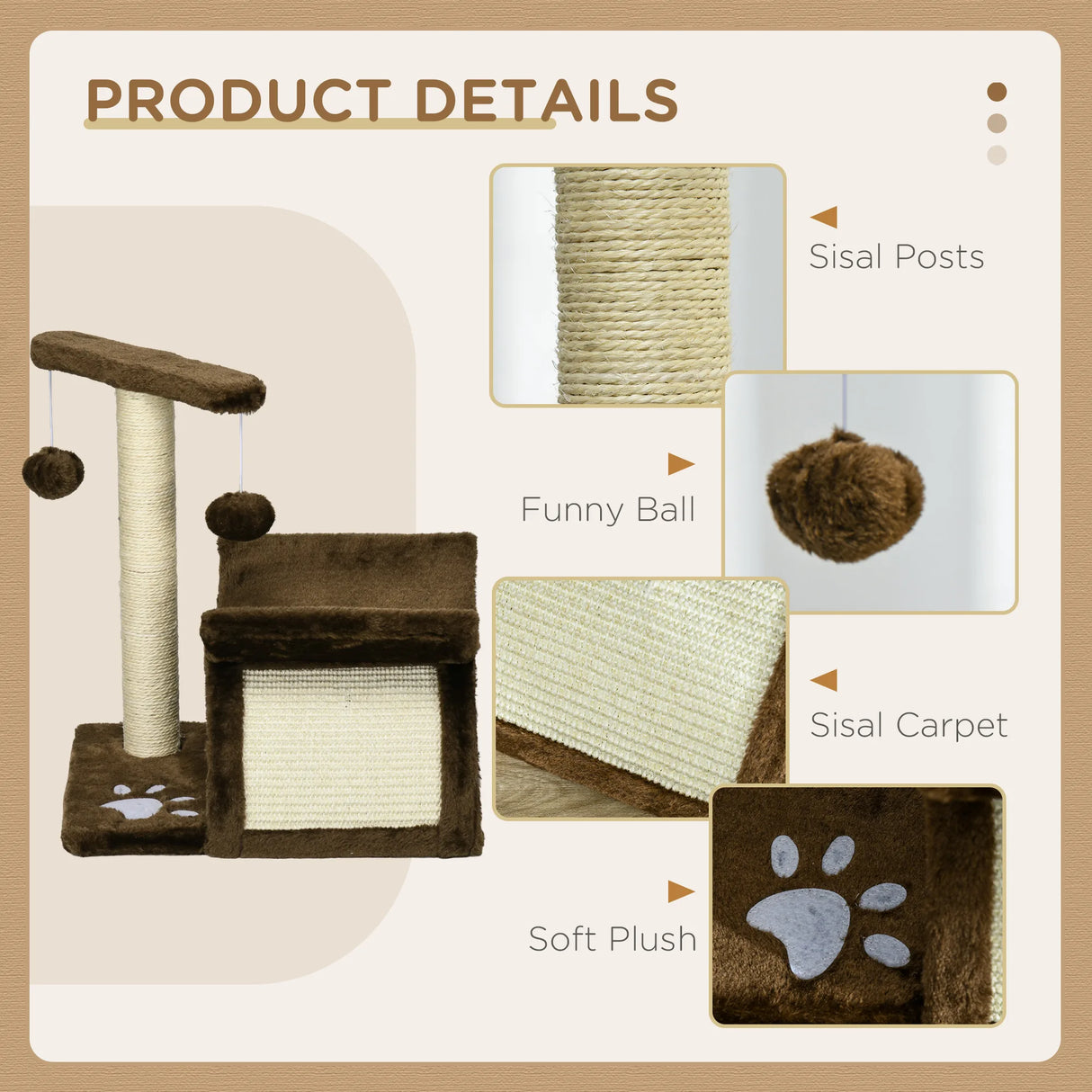 PawHut Cat Tree, Cat Tower for Kittens with Rotatable Top Bar, Sisal Scratching Post, Tunnel, Dangling Balls - Brown