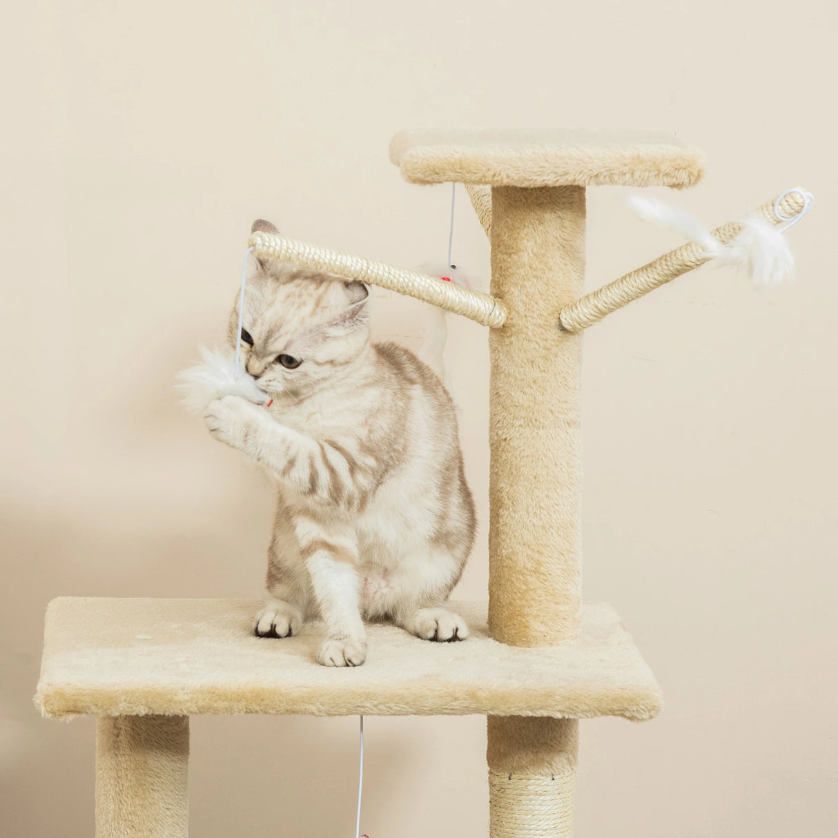 PawHut Multi-Level Cat Tree with Scratching Post, Ladder, Cat House, Beige