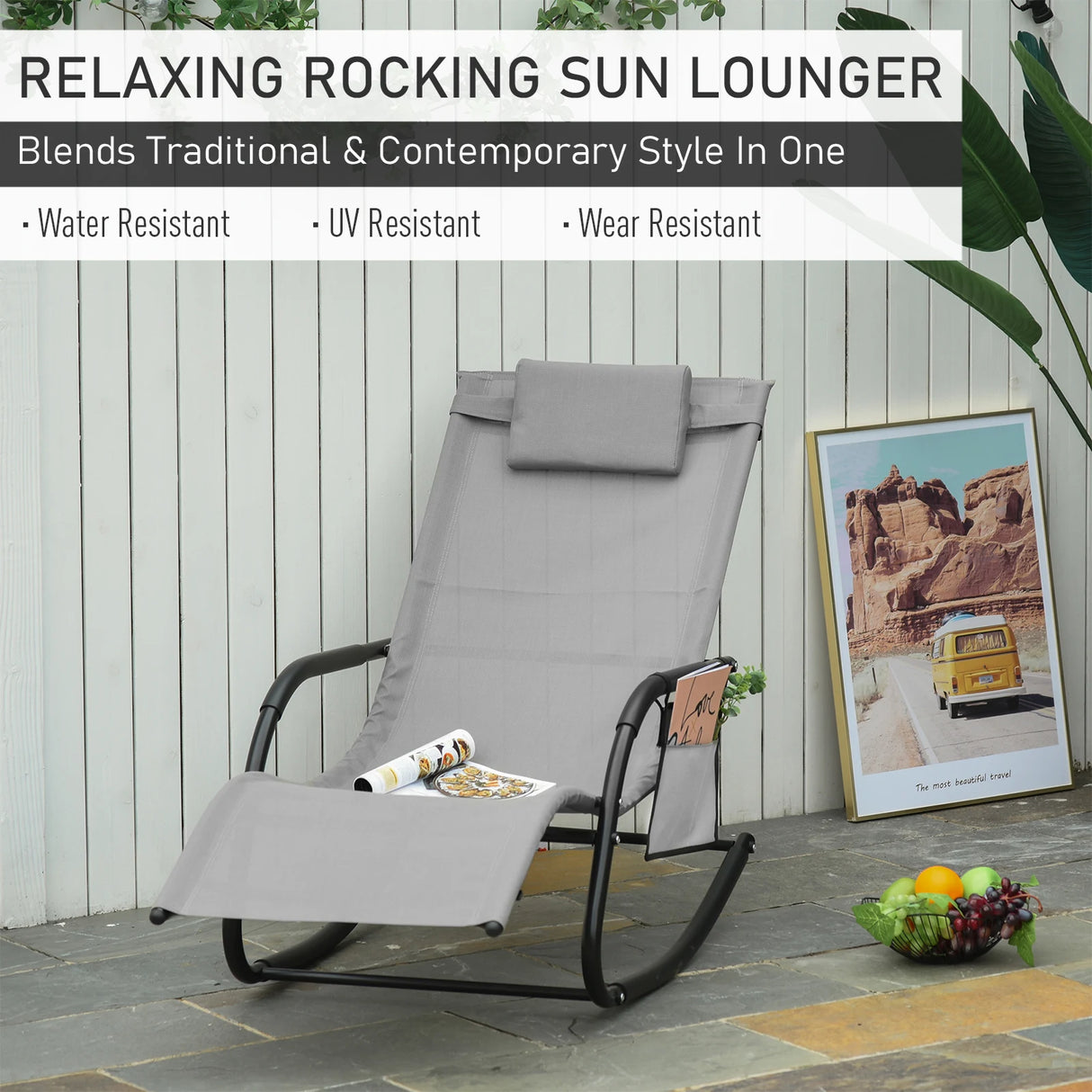 Outsunny 2PCs Outdoor Garden Rocking Chair, Patio Sun Lounger Rocker Chair with Breathable Mesh Fabric, Removable Headrest Pillow, Armrest, Side Storage Bag, Grey