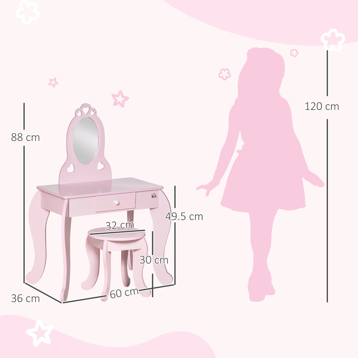 HOMCOM Kids Vanity Table & Stool Girls Dressing Set Make Up Desk Chair Dresser Play Set with Mirror Pink