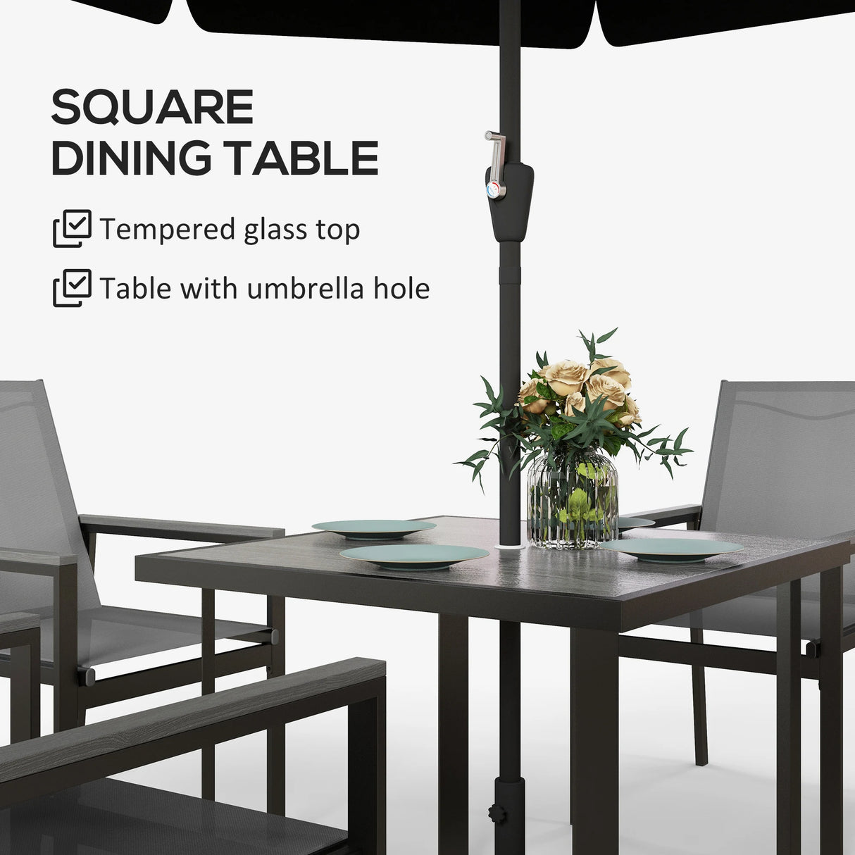 Outsunny Five-Piece Metal Dining Set, with Glass-Top Table - Grey