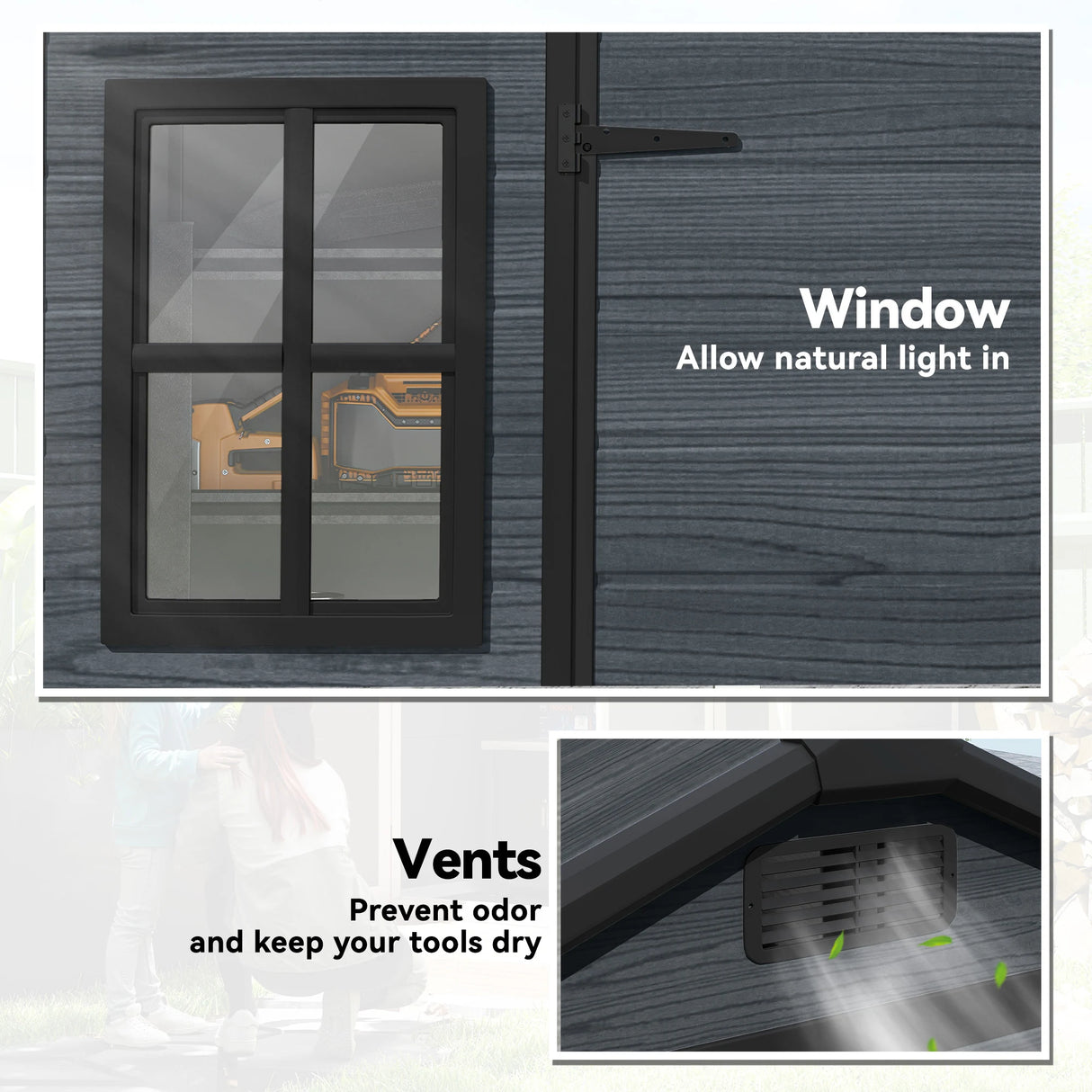 Outsunny 8 x 4 ft Resin Garden Shed, Wood-Effect Outdoor Storage Shed with Floor, Windows, Lockable Doors and Vents, Dark Grey