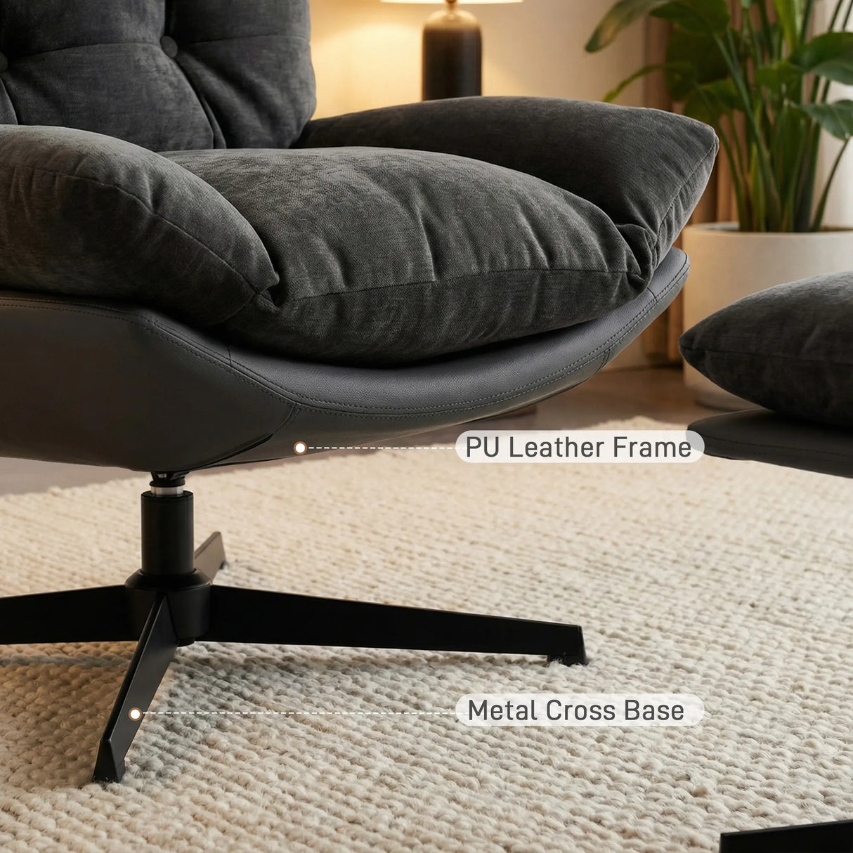 HOMCOM Accent Chair with Footstool, Swivel Lounge Chair with Chenille Upholstery, Metal Base, Dark Grey