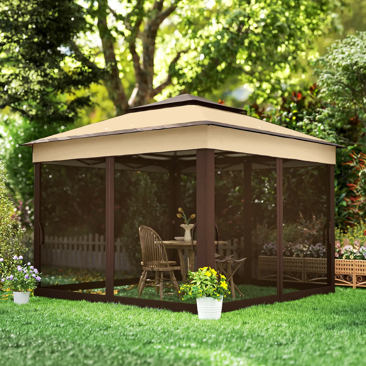 Outsunny 3 x 3(m) Pop Up Gazebo, Height Adjustable Instant Event Shelter with Netting and Carrying Bag, Beige