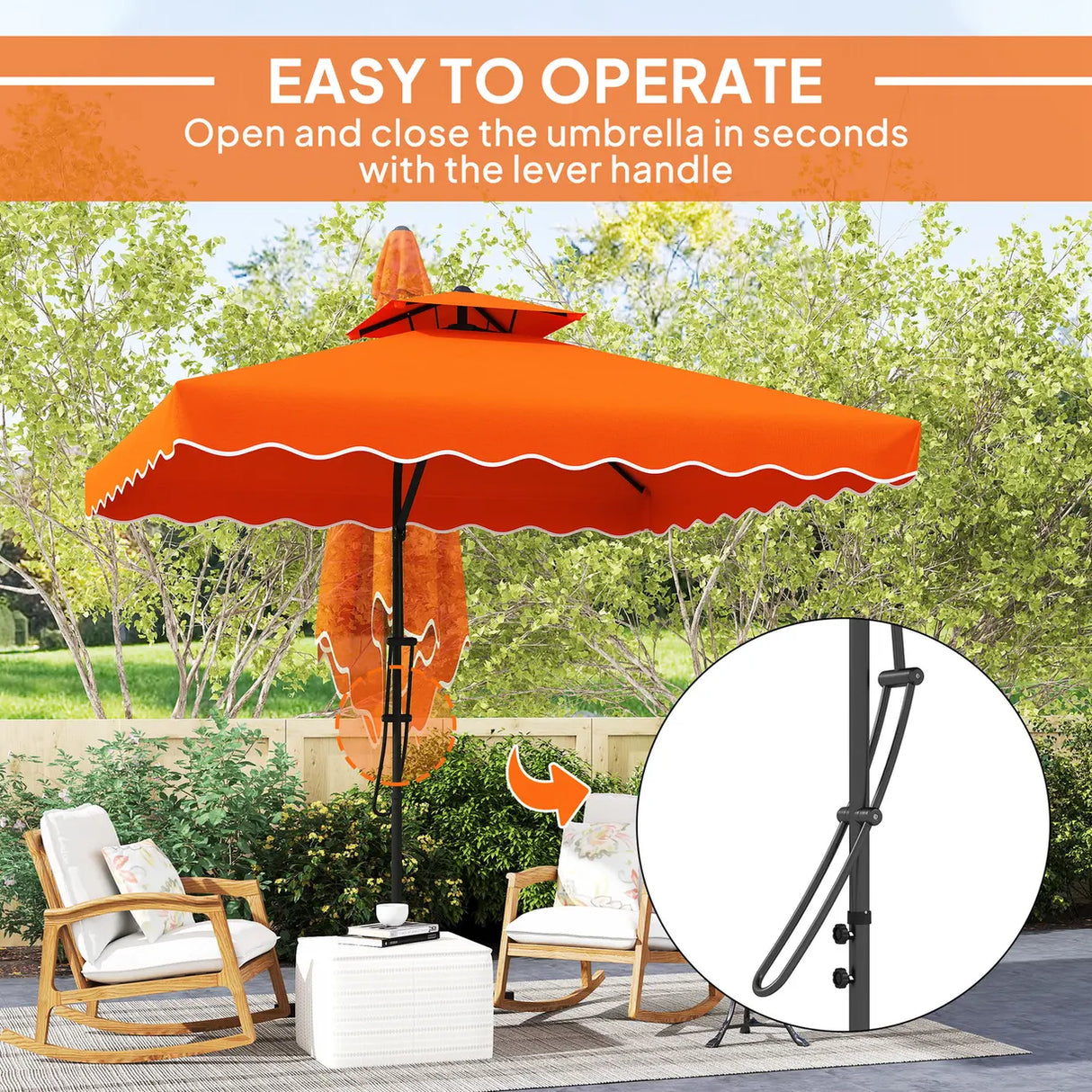 Outsunny 2.5m Cantilever Parasol with Easy Lever, Square Double Top Garden Parasol Umbrella with Ruffles and Cross Base, Overhanging Outdoor Sun Shades, Orange