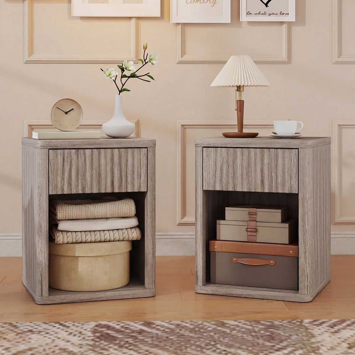HOMCOM Modern Bedside Table Set of 2, Bedside Cabinet with Drawer and Open Shelf, Side End Table, Nightstand for Bedroom, Oak