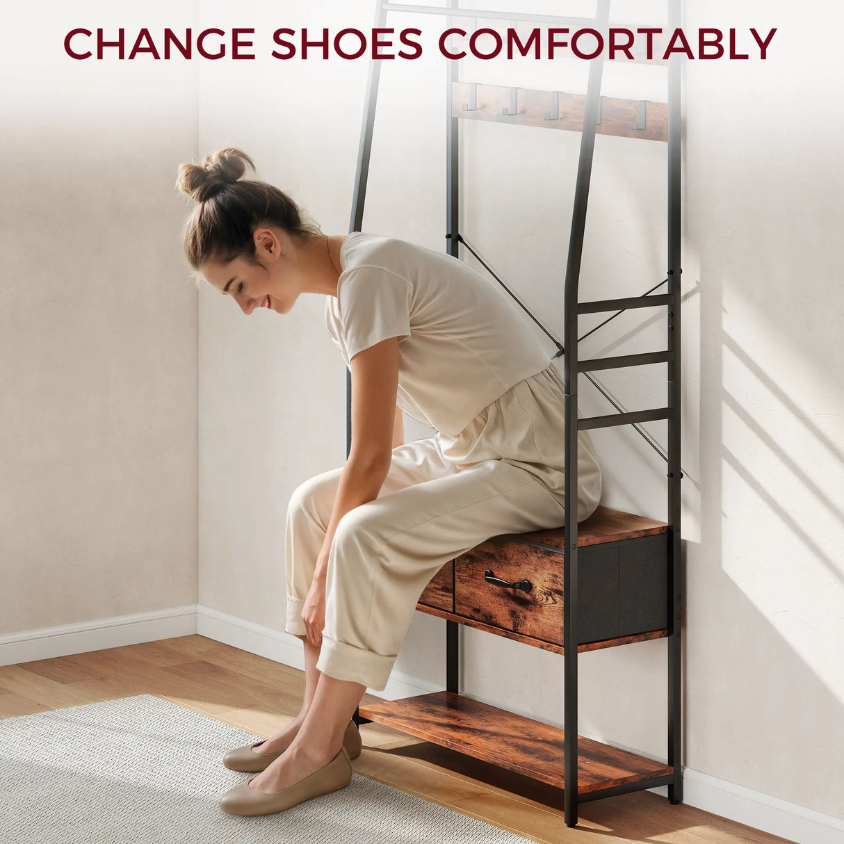 HOMCOM 6-in-1 Industrial-Style Hallway Organiser - Brown/Black