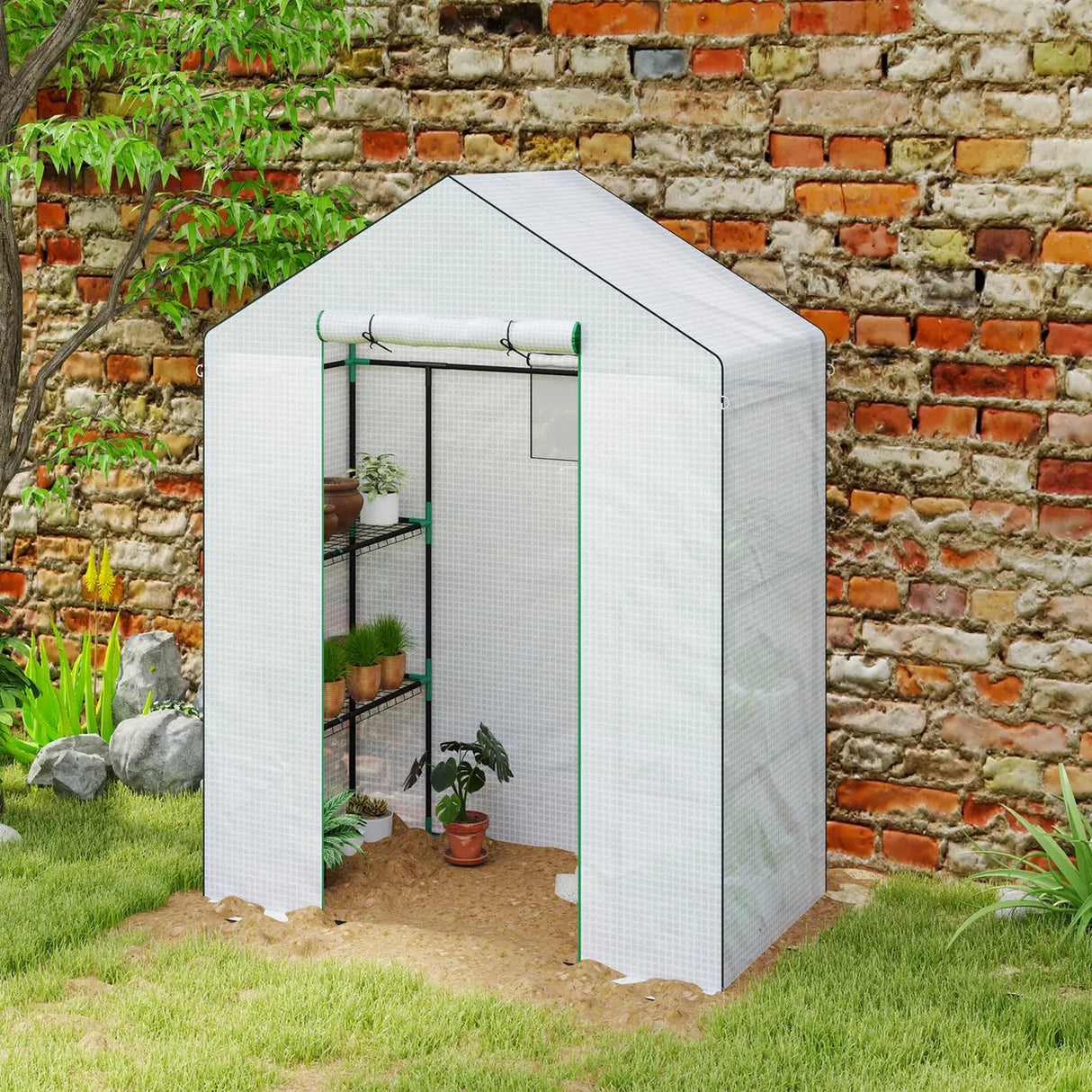 Outsunny 143 x 74cm Walk-In Greenhouse, with Shelves - White