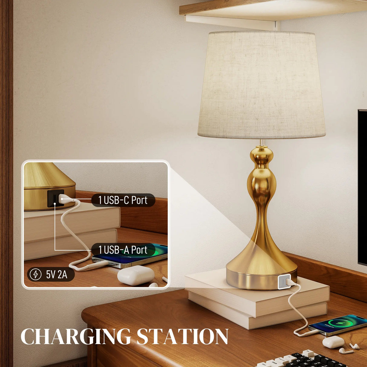 HOMCOM Bedside Lamps Set of 2, Modern Table Lamps with 3 Colour Temperatures, USB A+C Charging Ports and Linen Shade for Living Room Bedroom Office, Gold Tone