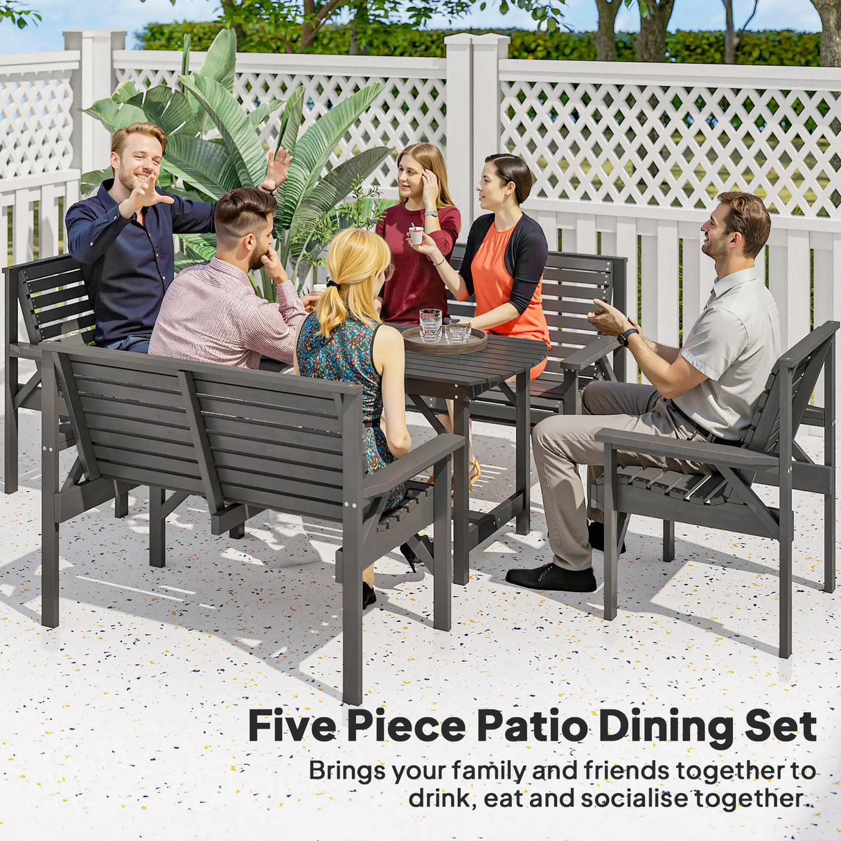 Outsunny 5 Piece Wooden Garden Dining Set for 6, Outdoor Conversation Set with 2 Armchairs, 2 Loveseats and Dining Table with Umbrella Hole for Patio, Balcony, Grey