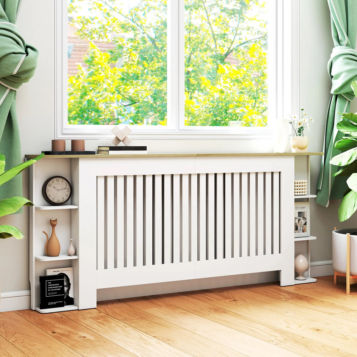 HOMCOM Radiator Cover with Open Storage Shelves, Vertical Slatted Cabinet Shelf Heater Cover for Living Room, Hallway, Extra Large, White (H: 83 / W: 191 / D: 19 cm)