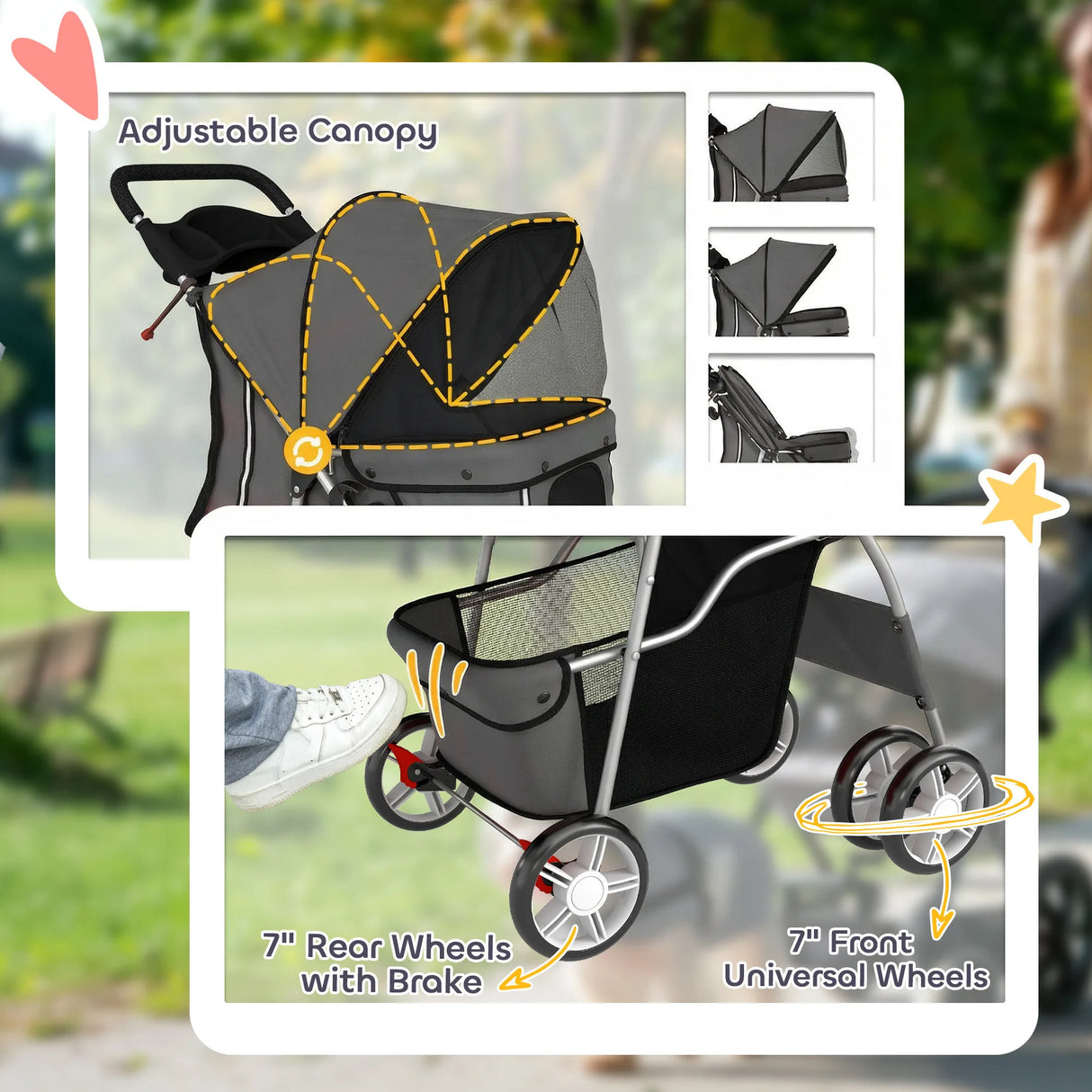 PawHut Dog Pram, Pet Stroller with Reflective Strips, Foldable Cat Stroller with 360 Swivel Wheels, Dark Grey