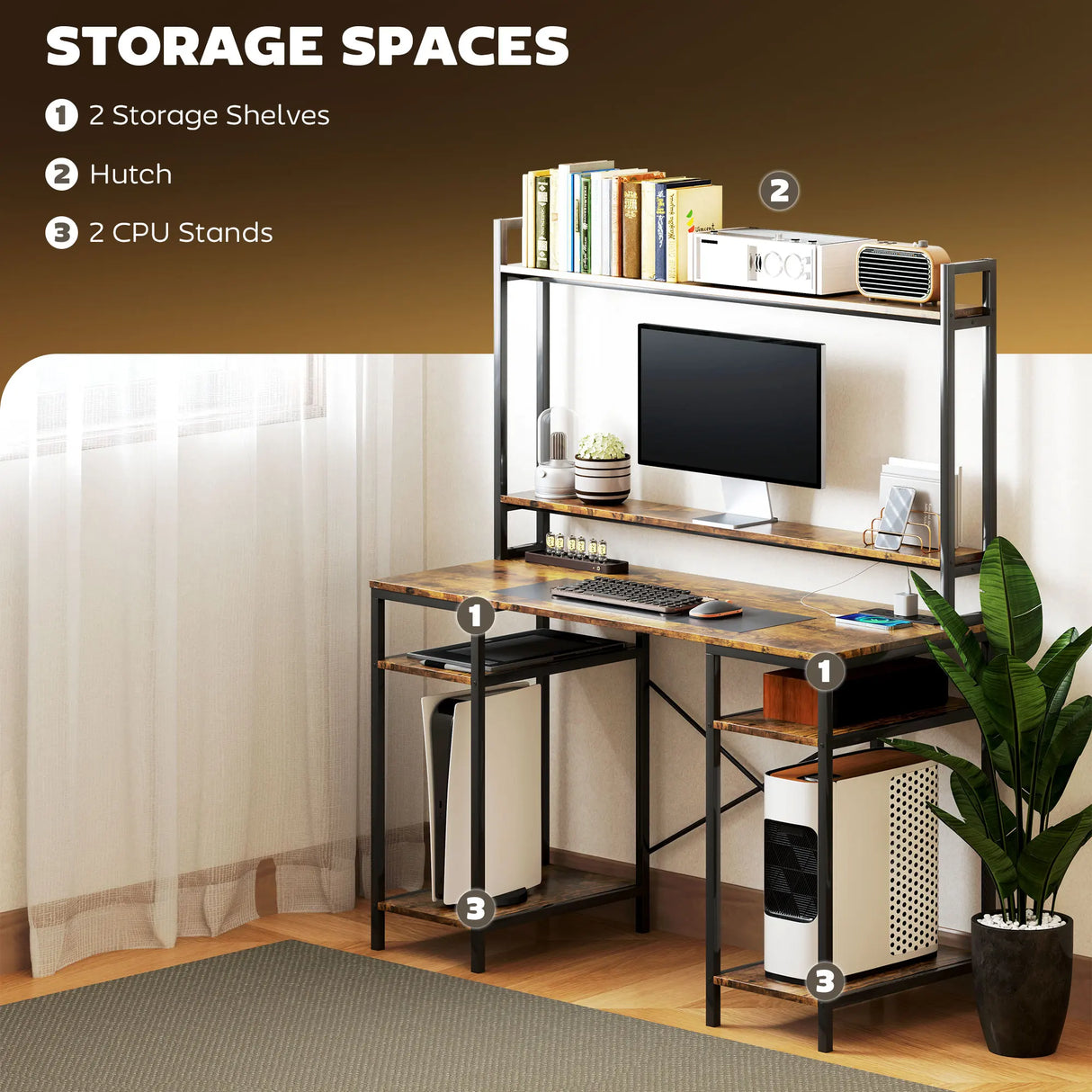 HOMCOM Computer Desk with Power Outlets and LED Lights, Home Office Desk with Monitor Stand, 2 CPU Stands and Storage Shelves, Study Table Gaming Desk with Hutch, Rustic Brown