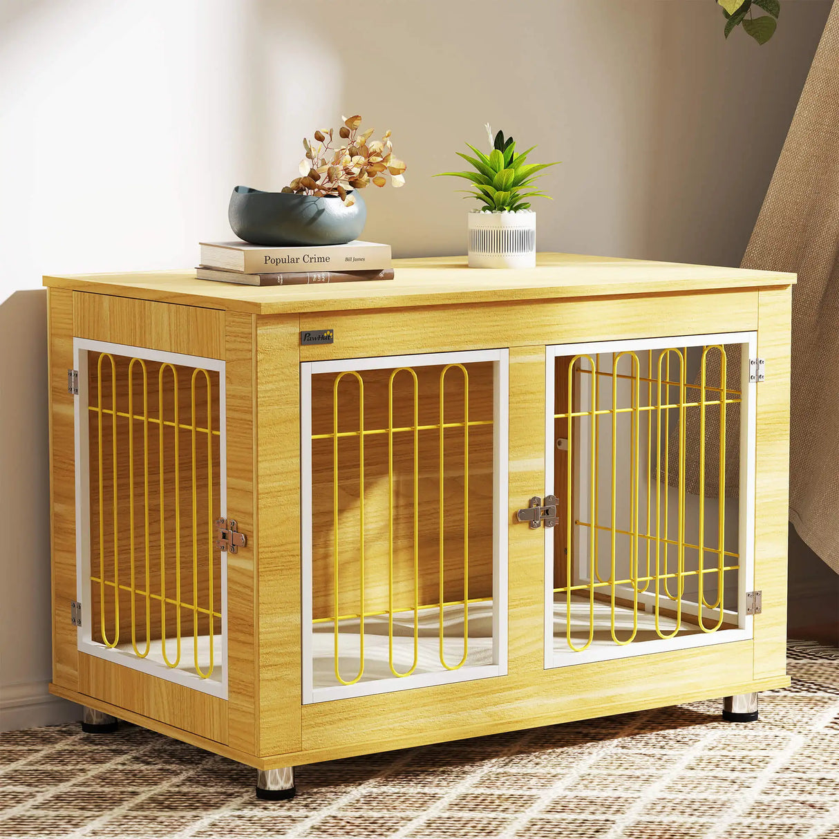 PawHut Dog Crate Furniture, Dog Cage End Table. with Soft Cushion, Double Door - Oak Tone
