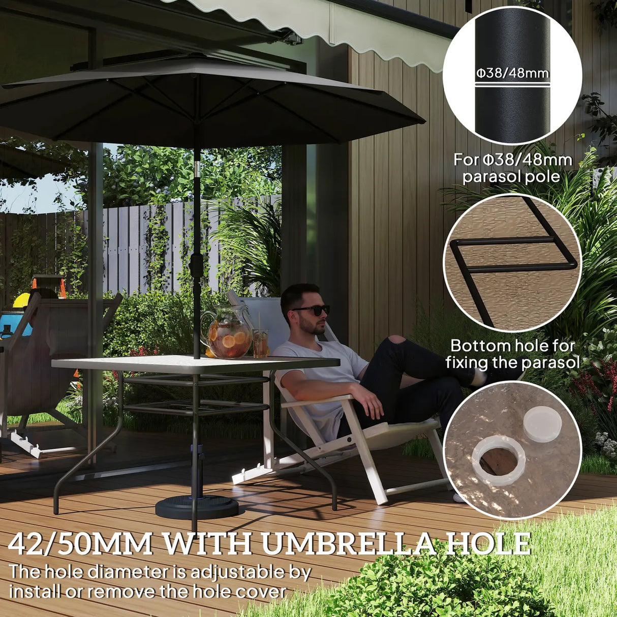 Outsunny Square Garden Dining Table with Tempered Glass Top & Umbrella Hole, 100 x 100 cm